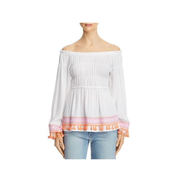 DESIGN HISTORY Womens Stretch Smocked Tasseled Long Sleeve Off Shoulder Blouse - Picture 1 of 2